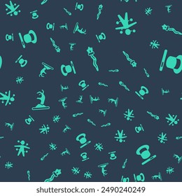 Set Magic staff, Voodoo doll, Zombie hand and hat wand on seamless pattern. Vector