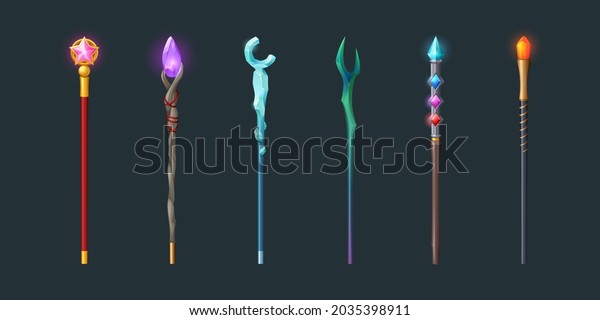 Set of magic staff, walk sticks or wands\
with glow gems, frozen ice crystal and pink glass star. Magician\
weapon rods for sorcerers, rpg fantasy game assets and equipment,\
Cartoon vector\
illustration