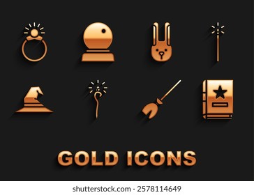 Set Magic staff, wand, Ancient magic book, Witches broom, hat, Rabbit with ears, stone ring gem and ball icon. Vector