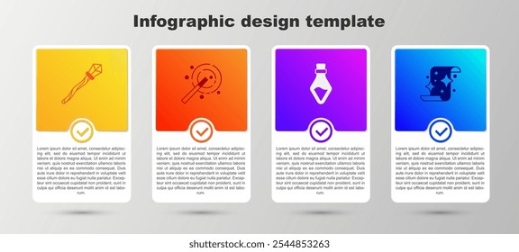 Set Magic Stab, Zauberstab, Flasche mit Trank und Scroll. Vorlage für Geschäftsinformationen. Vektorgrafik