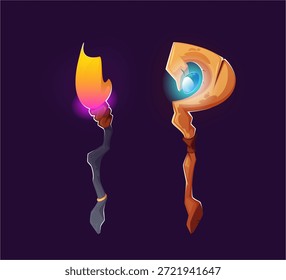 Set of magic staff, wands or walk sticks with glow gems and crystals. Vector cartoon magician or warlock weapon rods for sorcerers spell or battle, mystical assets for fantasy game mages and wizards