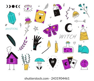 Set of magic stickers with potion bottles, crystals and lettering. Flat illustration vector set on white background