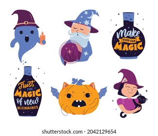 The set of magic stickers with text. The cartoon ghost, wizard, witch, pumpkin, bat, house, star. The collection is good for Halloween designs, magician logotypes. Vector illustration