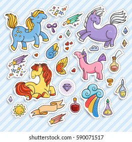 Set of magic stickers with unicorns, wings and potions. Pony collection.