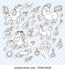 Set of magic stickers with unicorns, wings and potions. Pony collection.