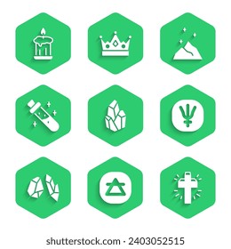 Fijar la piedra mágica, el elemento de aire, la cruz cristiana, el planeta Neptuno, la botella con la poción, el polvo y el icono de la vela quemadora. Vector