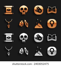 Fijar piedra mágica, libro de magia antigua, Venus, polvo, collar con cristal, Comet cayendo rápido, desplazamiento e icono del cráneo. Vector