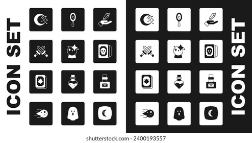 Set Magic stone, ball, Crossed medieval sword, Moon and stars, Tarot cards, hand mirror, Bottle with potion and  icon. Vector