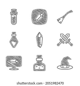 Fijar piedra mágica, botella con poción, sombrero de bruja, espada medieval cruzada, escoba de brujas e ícono. Vector