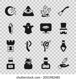 Set Magic stone, Bottle with potion, Magician, Ghost, Moon and stars and  icon. Vector