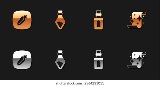 Establece la piedra mágica, la botella con poción y el icono de desplazamiento. Vector