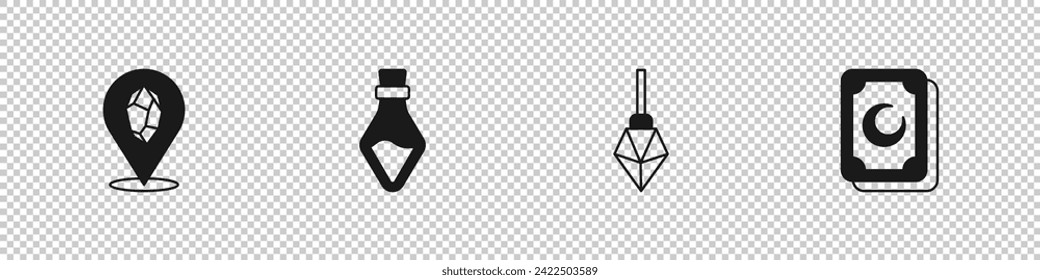 Set Magic stone, Bottle with potion,  and Tarot cards icon. Vector