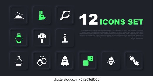 Conjunto de piedra mágica, pajarita, seta de psilocibina, dados de juego, botella con poción de amor, esposas, orejas de conejo e icono de fantasma. Vector