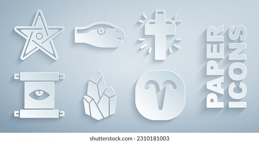 Set Zauberstein, christliches Kreuz, alte Zauberrollen, Aries zodiac, Schlange und Pentagram Symbol. Vektorgrafik