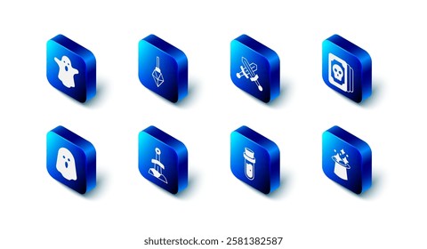 Set Magic stone, Crossed medieval sword, Tarot cards, hat, Bottle with potion, Sword in the, Ghost and  icon. Vector