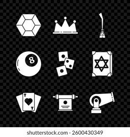 Set Magic stone, Crown, Witches broom, Playing cards, scroll, Cannon, ball of predictions and Game dice icon. Vector