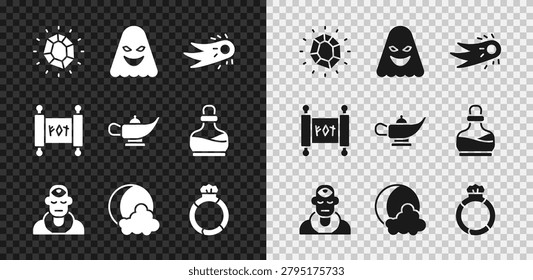 Set Magic stone, Ghost, Fireball, Wizard warlock, Moon and stars, ring with gem, scroll and lamp or Aladdin icon. Vector