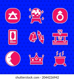 Establece la piedra mágica, la corona del rey, la caldera de bruja, la botella con poción, la luna, las tarjetas Tarot, Marte y el icono del elemento Aire. Vector