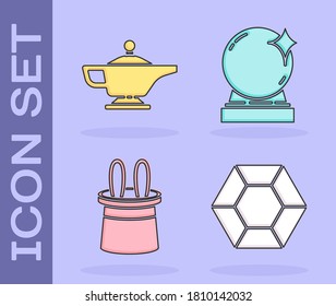 Set Magic stone, Magic lamp or Aladdin, Magician hat and rabbit ears and Magic ball icon. Vector