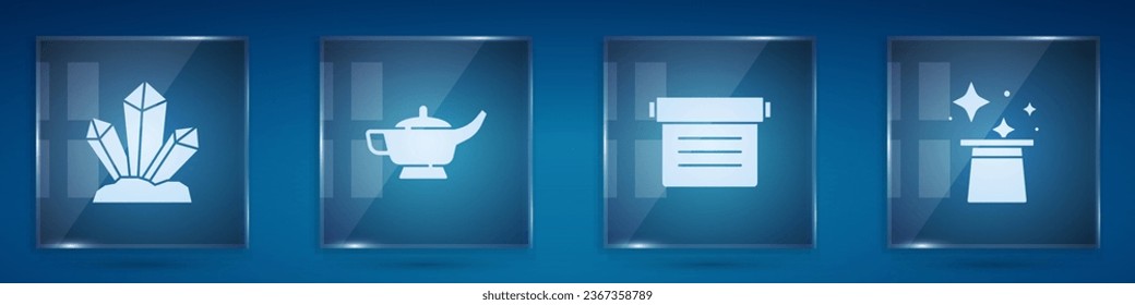 Set Magic stone, lamp or Aladdin, Ancient magic book and hat. Square glass panels. Vector