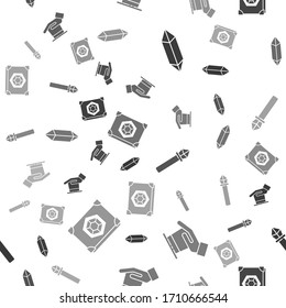 Set Magic stone, Magician hat in hand, Magic staff y Ancient Magic book on fluidez patrón. Vector