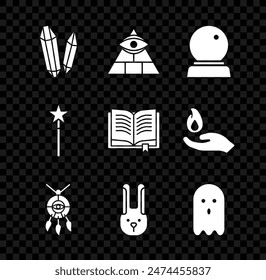 Set Magic stone, Masons, ball, Dream catcher with feathers, Rabbit ears, Ghost, wand and Ancient magic book icon. Vector