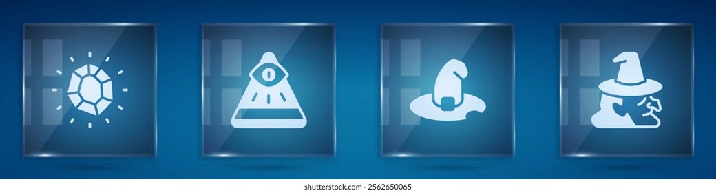 Set Magic stone, Masons, Witch hat and . Square glass panels. Vector