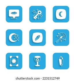 Set Magic stone, Medieval goblet, wand, Ancient magic book, Moon stars,  and  icon. Vector