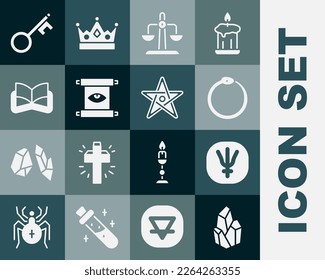 Fijar la piedra mágica, el planeta Neptuno, Ouroboros, Libra zodiac, el pergamino mágico antiguo, el libro, la tecla antigua y el icono Pentagram. Vector