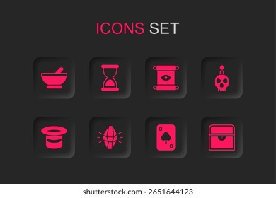 Conjunto de piedra mágica, reloj de arena antiguo, caldero de bruja, cartas de juego, calavera de vela en llamas, cofre del tesoro antiguo, pergamino e icono de sombrero. Vector