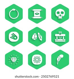 Piedra mágica, Pentagrama en círculo, Pluma, Botella con poción, Diamante, Cometa cayendo rápido, Cráneo y Ouroboros icono. Vector