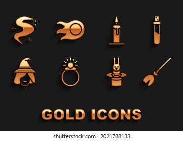 Set Magic stone ring with gem, Bottle love potion, Witches broom, Magician hat and rabbit, Burning candle candlestick, fog or smoke and Fireball icon. Vector