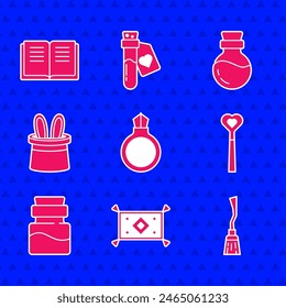 Set Magic stone ring with gem, carpet, Witches broom, wand, Bottle potion, Magician hat rabbit ears,  and Ancient magic book icon. Vector