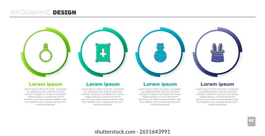 Definir anel de pedra mágica com joia, livro de magia antiga, poção de garrafa e chapéu mágico e orelhas de coelho. Modelo de infográfico comercial. Vetor