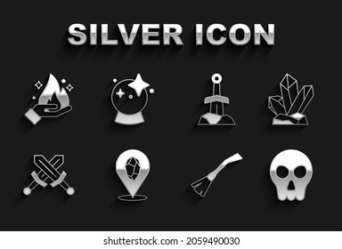 Set Magic stone, Skull, Witches broom, Crossed medieval sword, Sword in the, Hand holding fire and ball icon. Vector