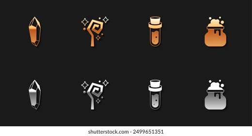 Set Magic stone, staff, Bottle with potion and Witch cauldron icon. Vector