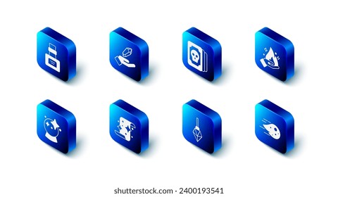 Set Magic stone, Tarot cards, Hand holding fire, Fireball, scroll,  and Bottle with potion icon. Vector