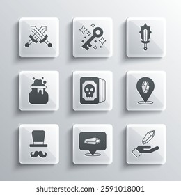 Set Magic stone, Tarot cards, Magician, Witch cauldron, Crossed medieval sword and in fire icon. Vector