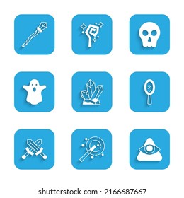 Set Magic stone, wand, All-seeing eye of God, hand mirror, Crossed medieval sword, Ghost, Skull and staff icon. Vector