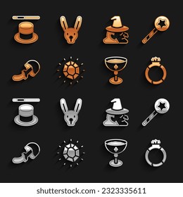 Set Magic stone, wand, ring with gem, Medieval goblet, Psilocybin mushroom, Witch, hat and Rabbit ears icon. Vector