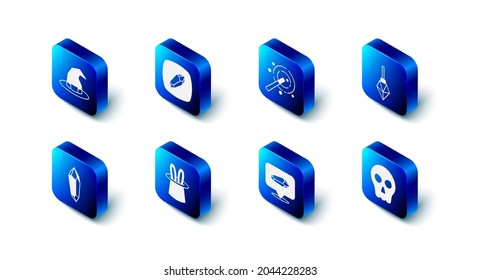 Set Magic stone, wand, Skull, Magician hat rabbit ears,  and Witch icon. Vector