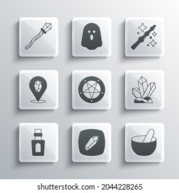 Set Magic stone, Witch cauldron, Pentagram in circle, Bottle with potion, staff and wand icon. Vector