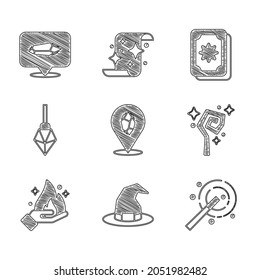 Set Magic stone, Witch hat, wand, staff, Hand holding fire, Tarot cards and  icon. Vector