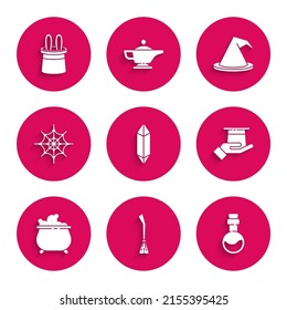 Set Magic stone, Witches broom, Bottle with love potion, Magician hat in hand, cauldron, Spider web,  and rabbit ears icon. Vector