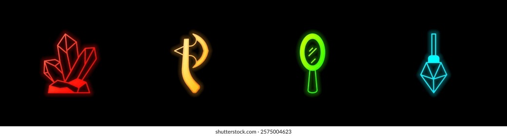 Set Magic stone, Wooden axe, hand mirror and  icon. Vector