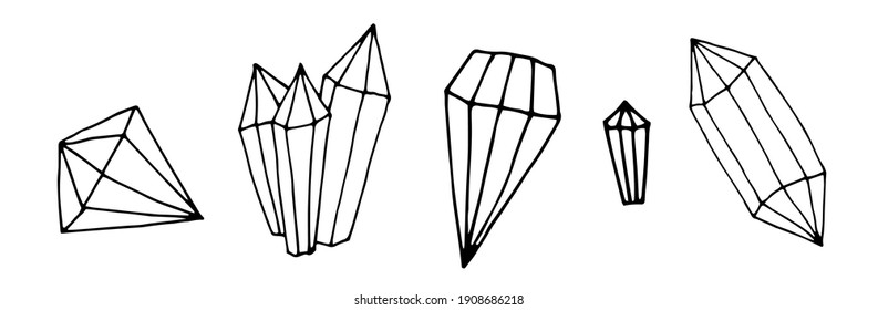 set of magic stones, diamonds, doodle illustration