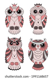 Set of Magic stylized zentangle owl, doodle illustration for coloring. Decorative wild bird. Black outline on white background