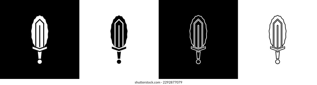 Set Magic sword in fire icon isolated on black and white background. Fiery sword. Magic weapon of knight, sorcerer, magician. Fire spell. Burning blade.  Vector