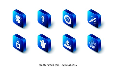 Set Magic sword in fire, Pentagram circle, wand, stone, All-seeing eye of God, Ghost, Bottle with potion and scroll icon. Vector