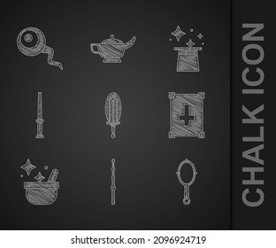 Set Magic sword in fire, wand, hand mirror, Ancient magic book, Witch cauldron, hat and Eye icon. Vector
